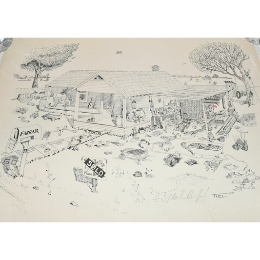 Vintage Black & White Original Lithograph Country Farmhouse Signed 16" x 20"