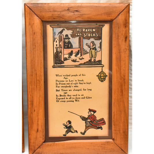 Antique 1910's Rhymes Of Ye Olde Sign Boards Ye Raven & Stocks Framed Book Page
