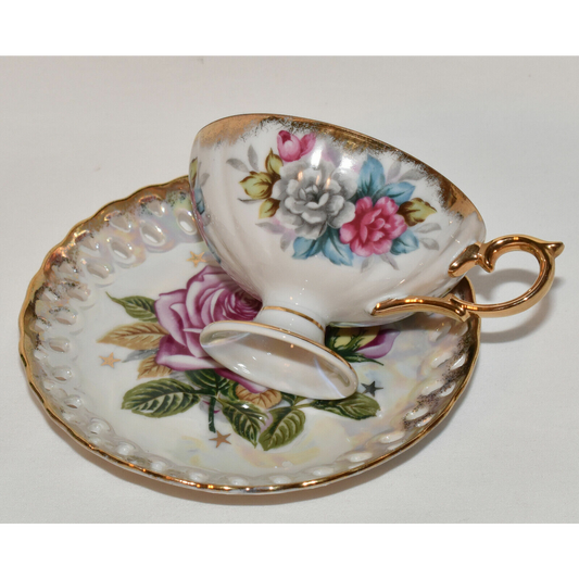 Vintage Lusterware Iridescent Porcelain Teacup Saucer Pink Rose w Lattice Detail