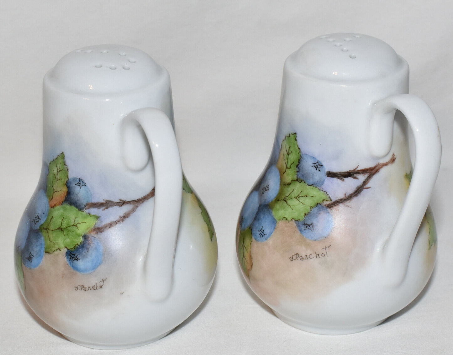 Large Vintage Salt Pepper Shakers Berry & Leaf Signed Porcelain Shakers Mint