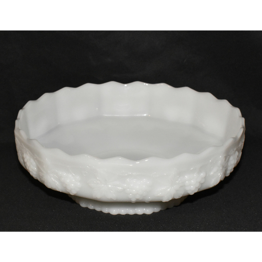 Vintage Anchor Hocking Fire King Milk Glass Pedestal Bowl Harvest Grape Pattern USA