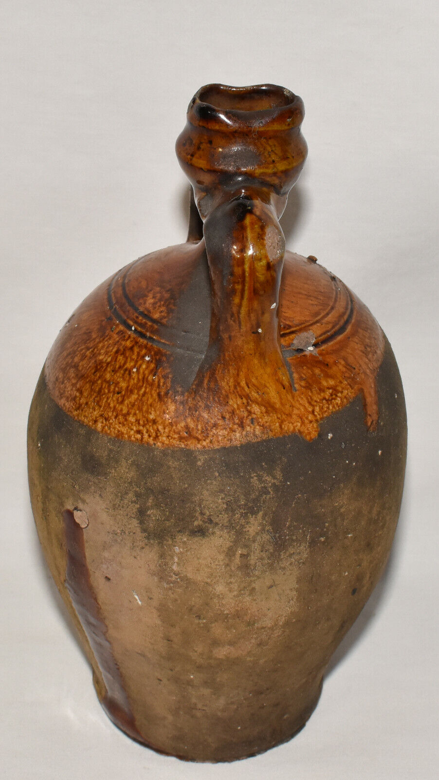 Antique Amphora Wine Oil Jug Primitive Half Glazed Brown Pottery Jug Jar