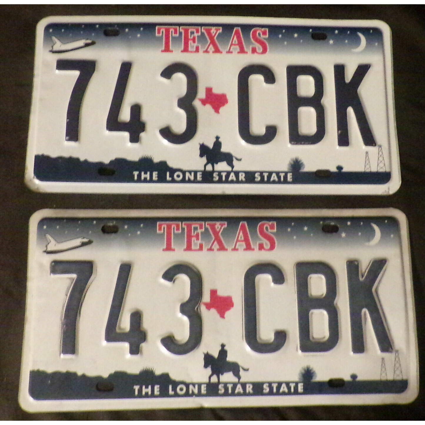Retired License Plate Texas 743-CBK Pair 2000-2009 Shuttle Cowboy Oil Derricks