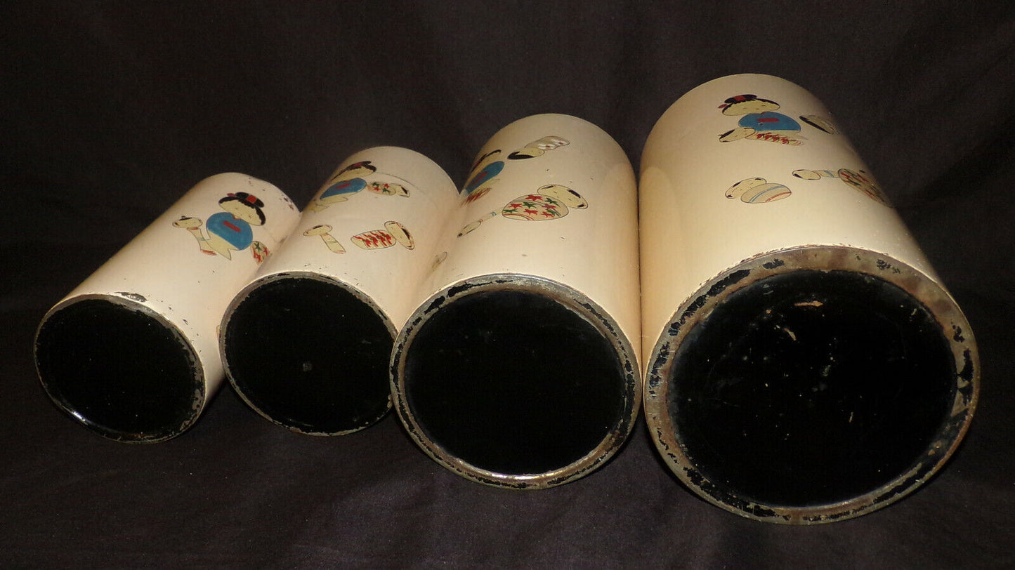 Antique Japanese Tin Canisters 4pc Set Kokeshi Doll Nesting Canisters Tins Smlxl