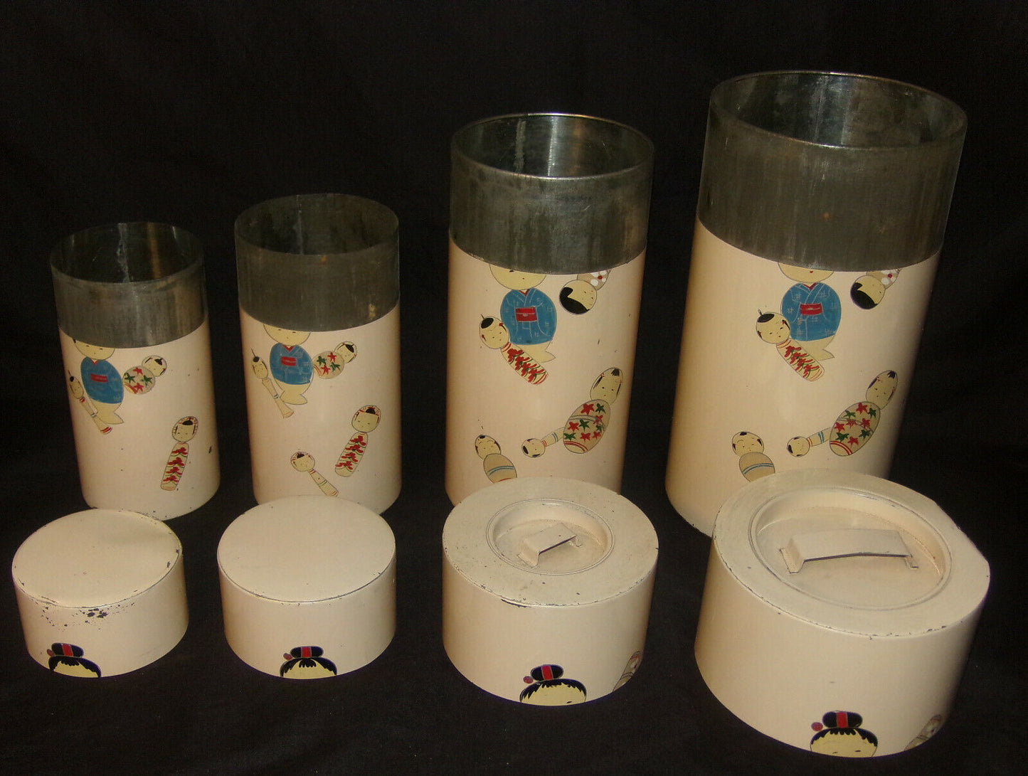 Antique Japanese Tin Canisters 4pc Set Kokeshi Doll Nesting Canisters Tins Smlxl