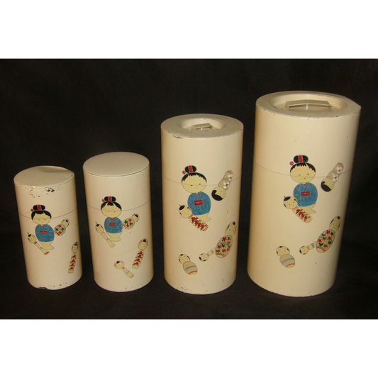 Antique Japanese Tin Canisters 4pc Set Kokeshi Doll Nesting Canisters Tins Smlxl