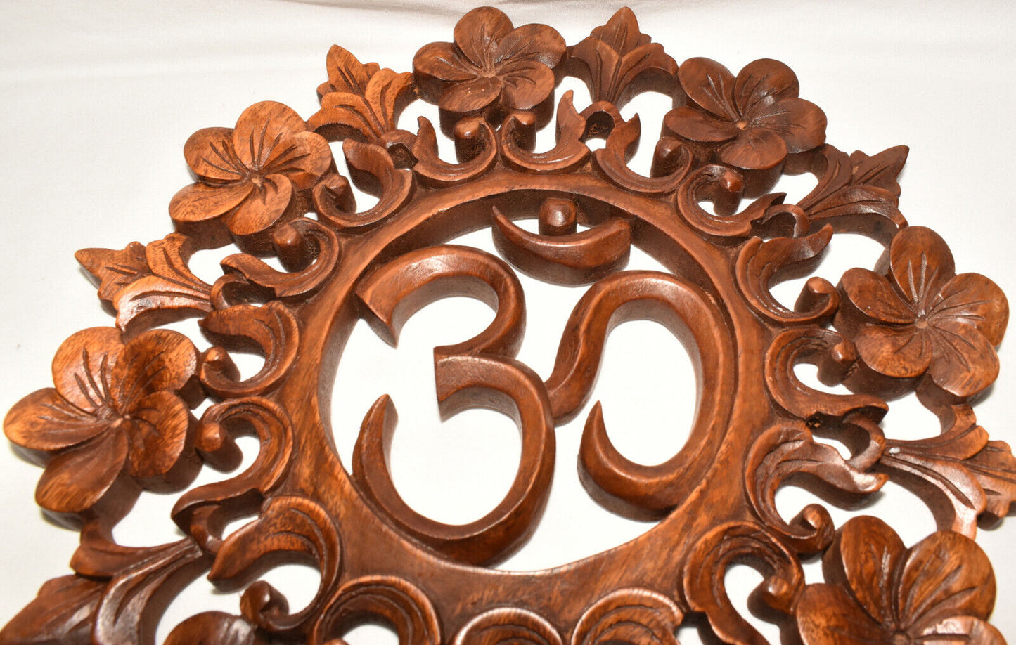 Indonesian Hindu Om Plaque Hand Carved Wood Wall Relief Symbol of Divinity