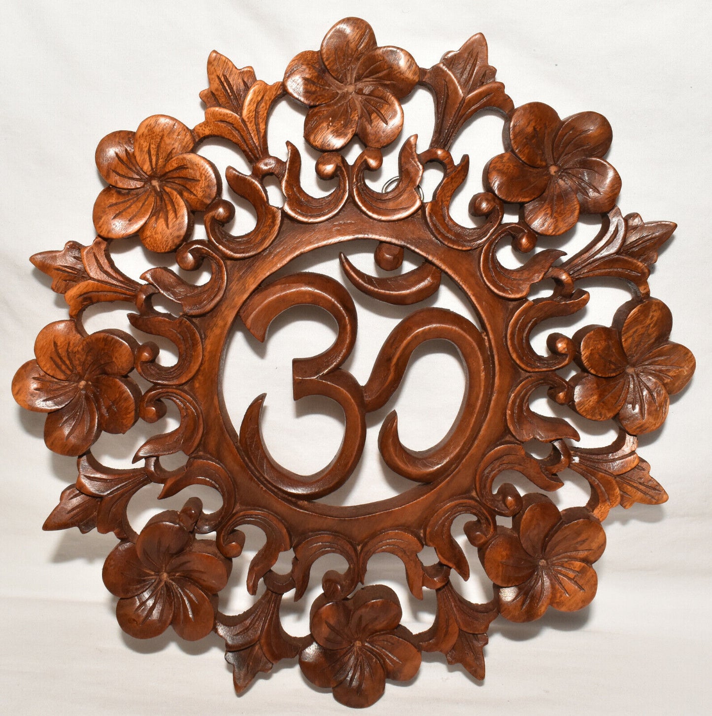 Indonesian Hindu Om Plaque Hand Carved Wood Wall Relief Symbol of Divinity
