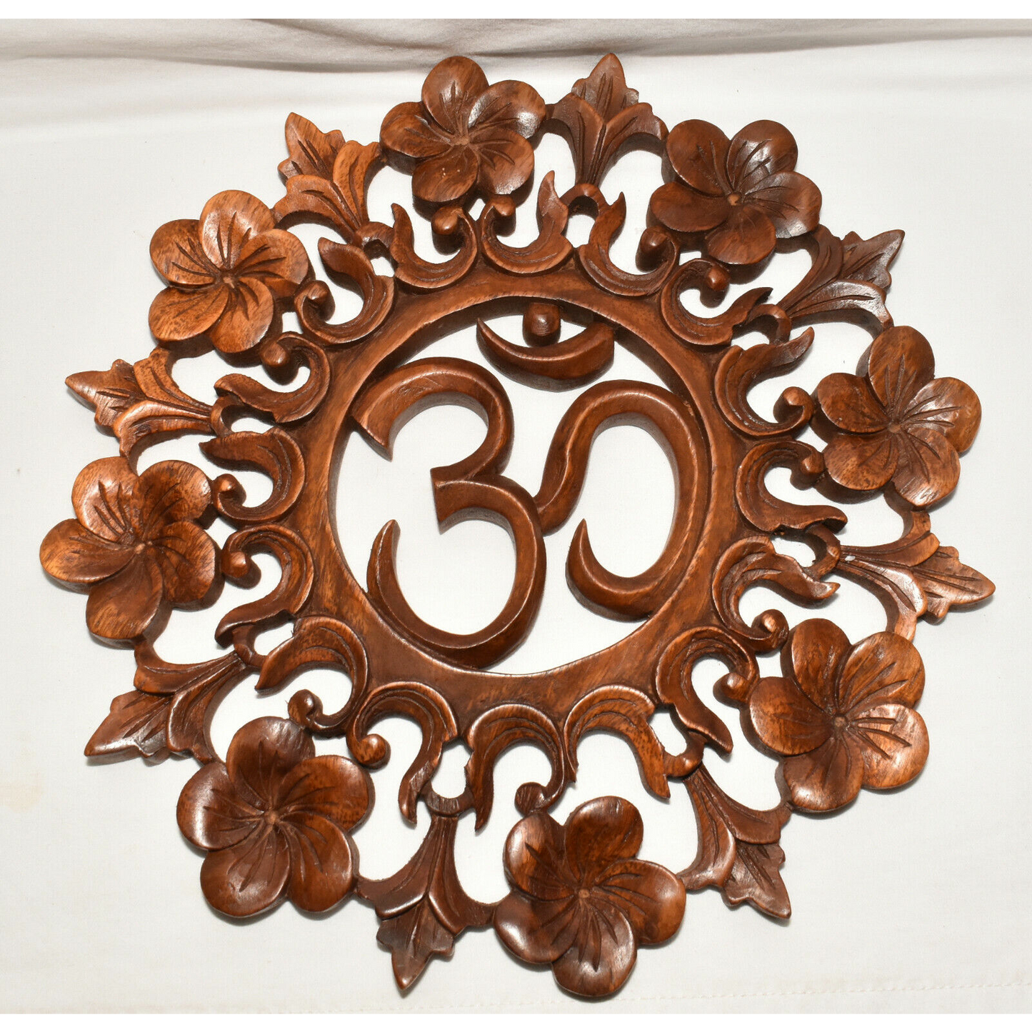Indonesian Hindu Om Plaque Hand Carved Wood Wall Relief Symbol of Divinity