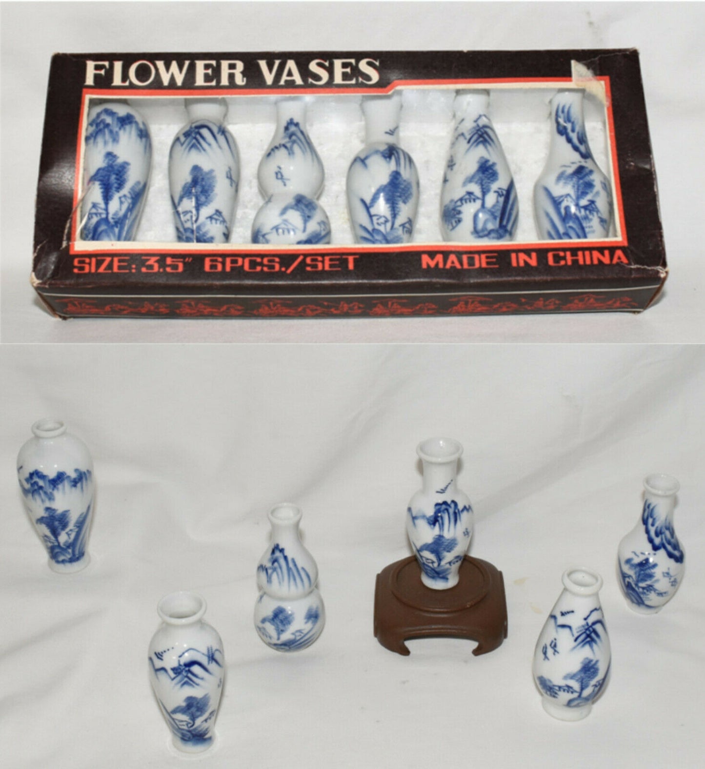 Vintage Chinese Blue White Vases 6pc Set 3.5" Miniature Bud Flower Vases Org Box