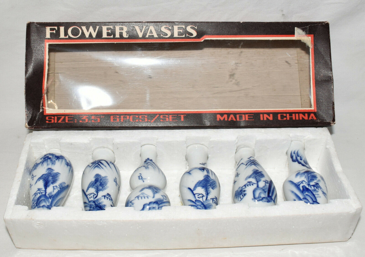 Vintage Chinese Blue White Vases 6pc Set 3.5" Miniature Bud Flower Vases Org Box