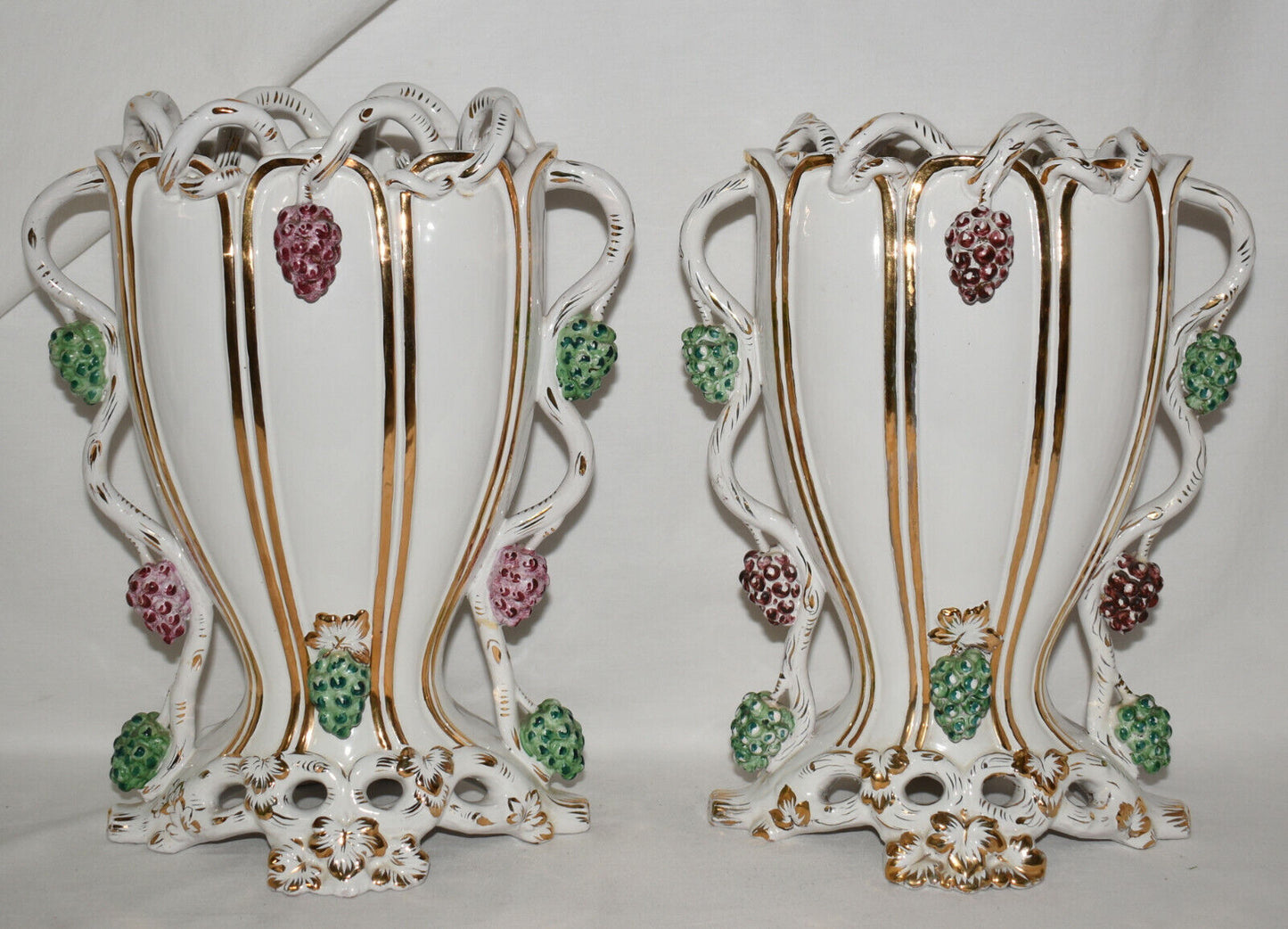 Pair Vintage Italian Vases Grape Vines of Italy Large 13" x 11" Vases Hand Decorated