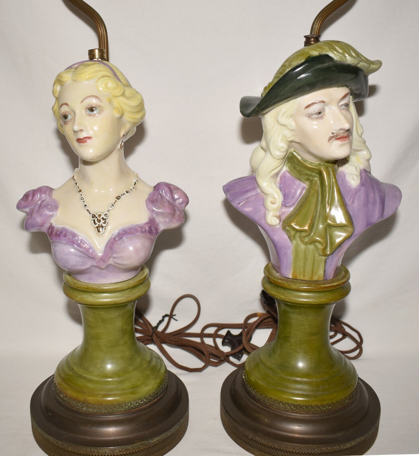 Pair Antique Art Deco French Bust Lamps 28" Porcelain Male Female Table Lamps