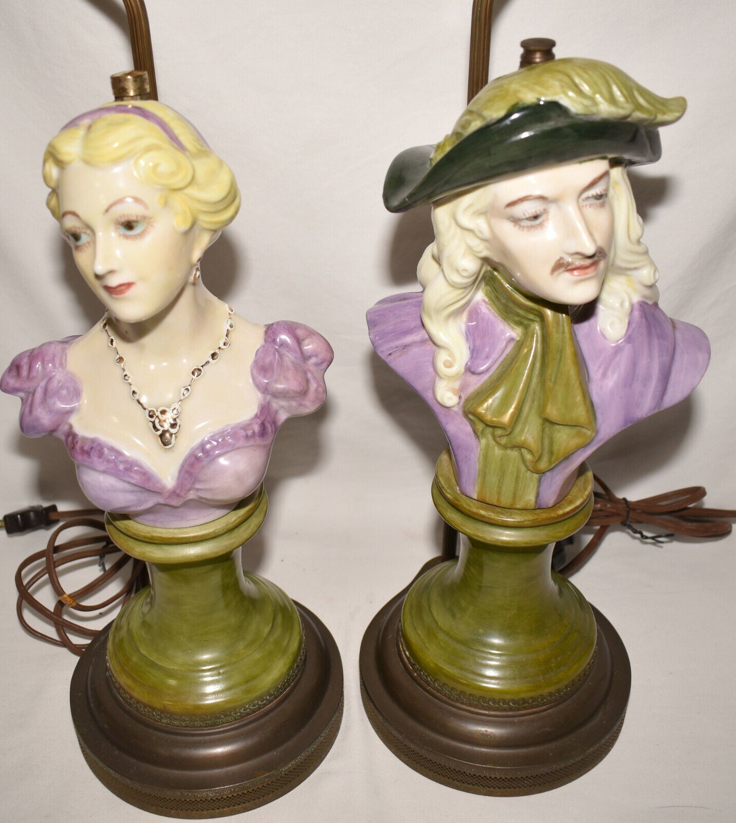 Pair Antique Art Deco French Bust Lamps 28" Porcelain Male Female Table Lamps