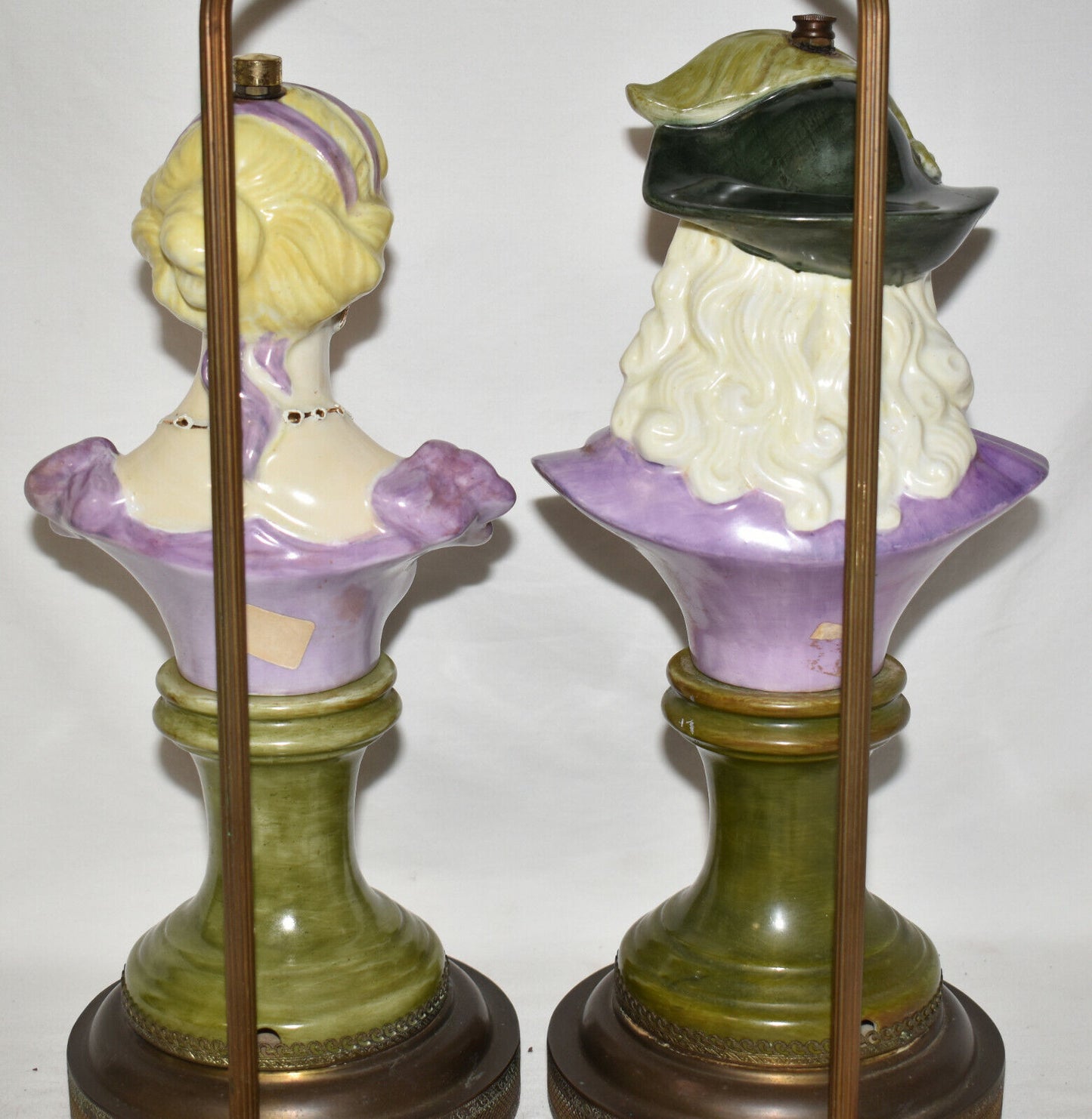 Pair Antique Art Deco French Bust Lamps 28" Porcelain Male Female Table Lamps