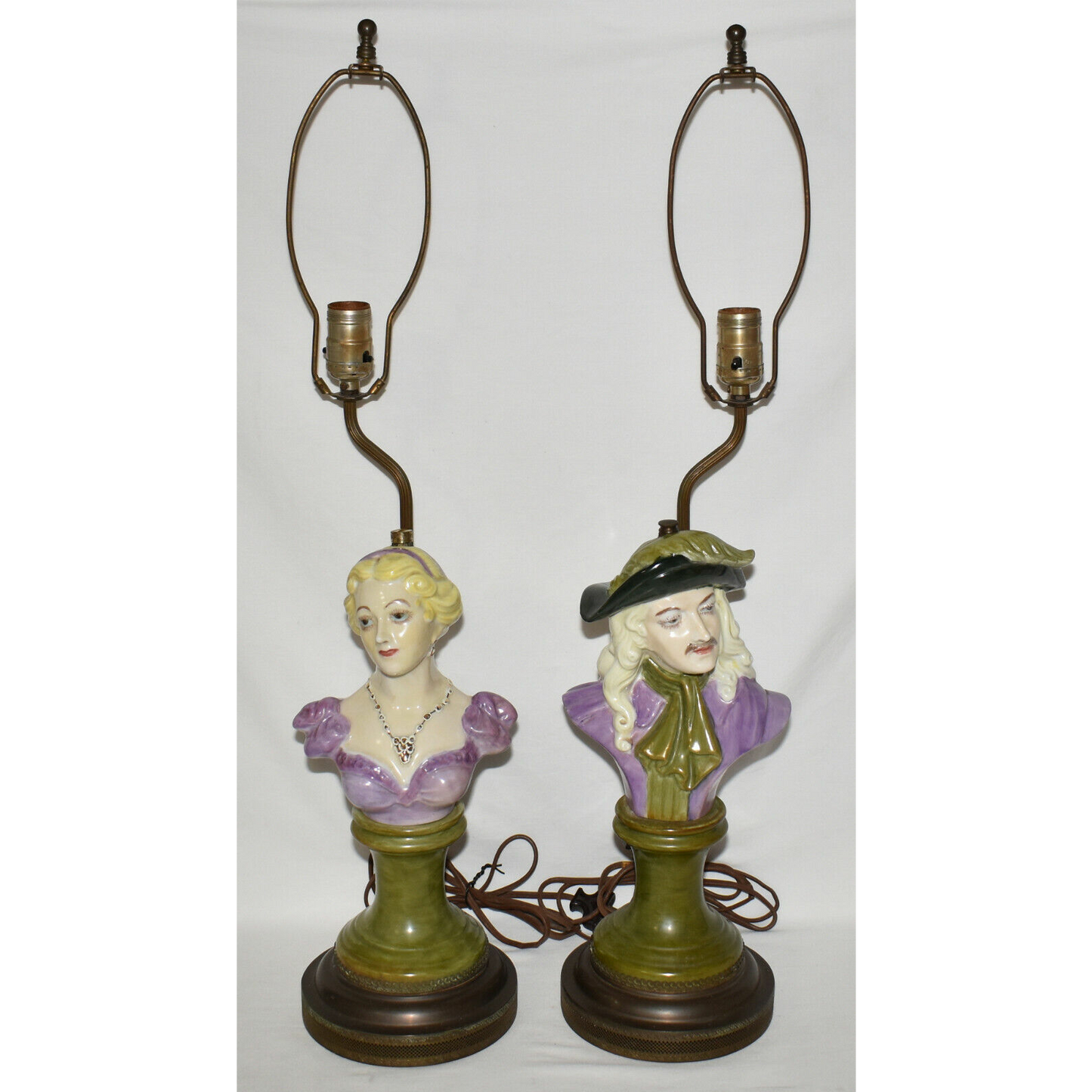 Pair Antique Art Deco French Bust Lamps 28" Porcelain Male Female Table Lamps