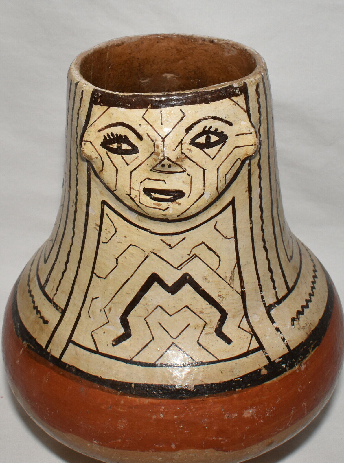 Vintage Peruvian Shipibo Conibo Pottery Vase w Face Handmade Hand Painted Vessel