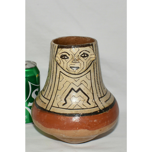 Vintage Peruvian Shipibo Conibo Pottery Vase w Face Handmade Hand Painted Vessel