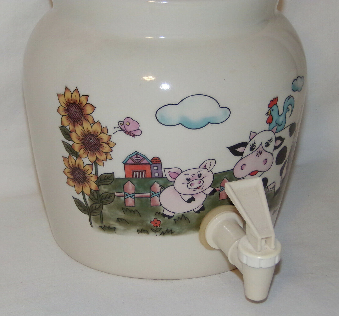 Vintage Crock Jug w Spout 1/2 Gallon Water Tea Lemonade Lidded Dispenser Farm Scene