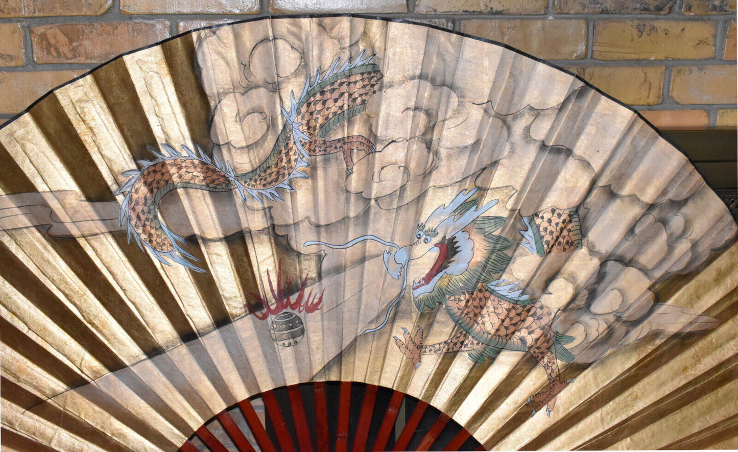 Large Vintage Chinese Dragon Fan Mid Century 70" x 40" Hand Painted Wall Fan