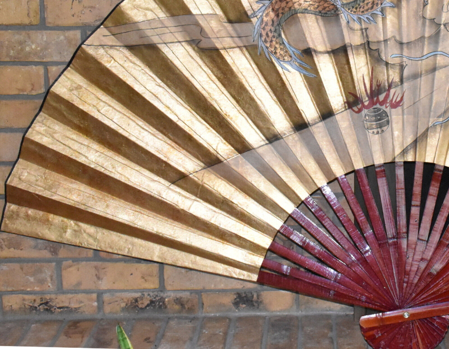 Large Vintage Chinese Dragon Fan Mid Century 70" x 40" Hand Painted Wall Fan