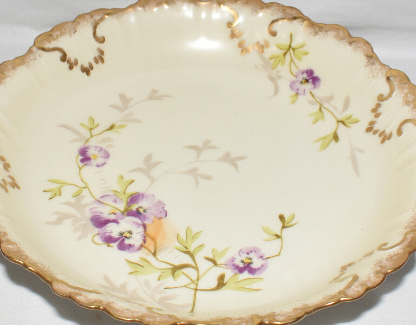 Antique Limoges France Serving Bowl 10" Hand Painted Porcelain Bowl Purple Flwrs