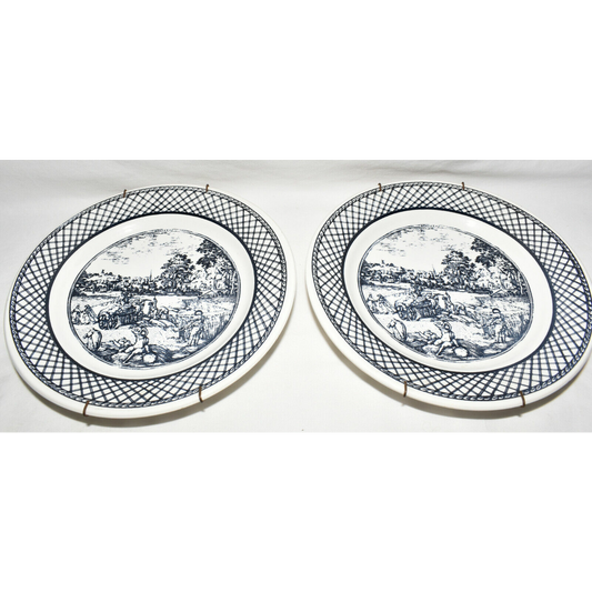 2 Antique Blue White Porcelain Plates w Wall Hangers Landscape Farm Scenes Mint