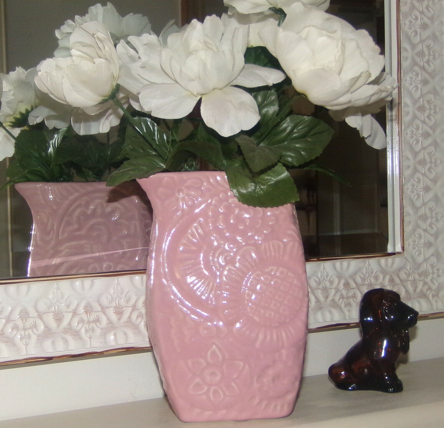 Vintage Niloak Pottery Jug Pitcher Pink w Embossed Floral Motif c.1939-1947 EUC