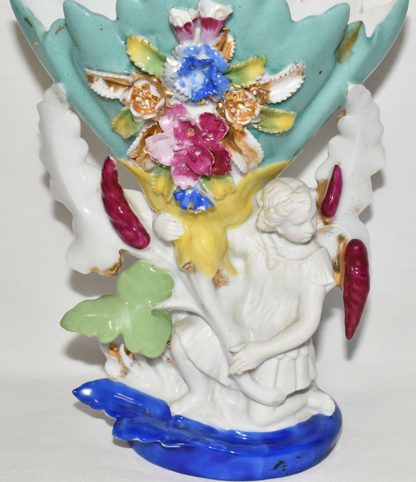 Antique Porcelain Spill Vase Bisque Cherub Holding Embossed Glazed Floral Vase
