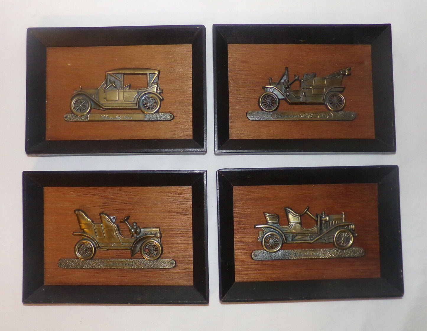Vintage Brass Plaques Antique Cars 4pc Set Ford Model T Cadillac Buick Chevrolet