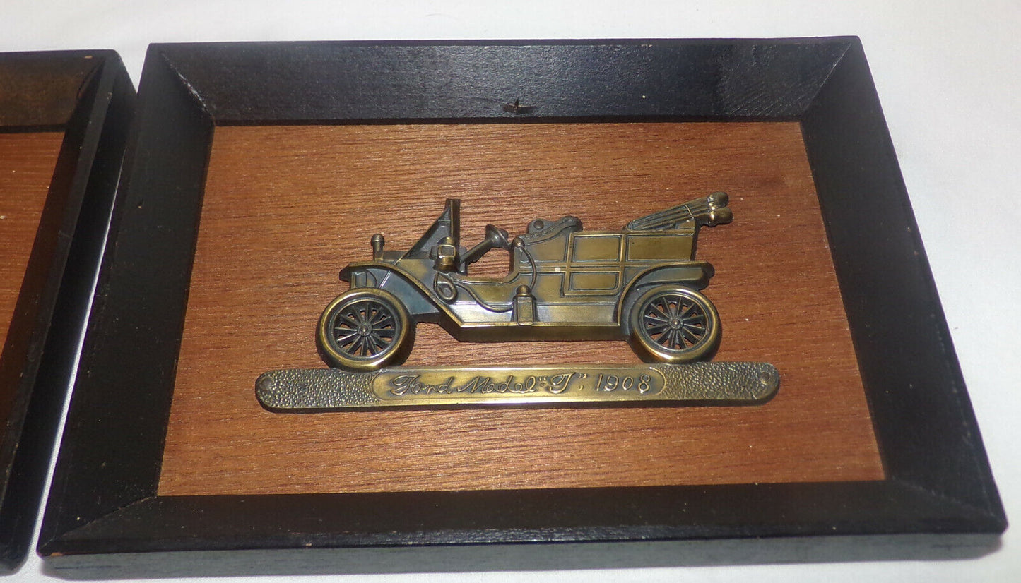 Vintage Brass Plaques Antique Cars 4pc Set Ford Model T Cadillac Buick Chevrolet