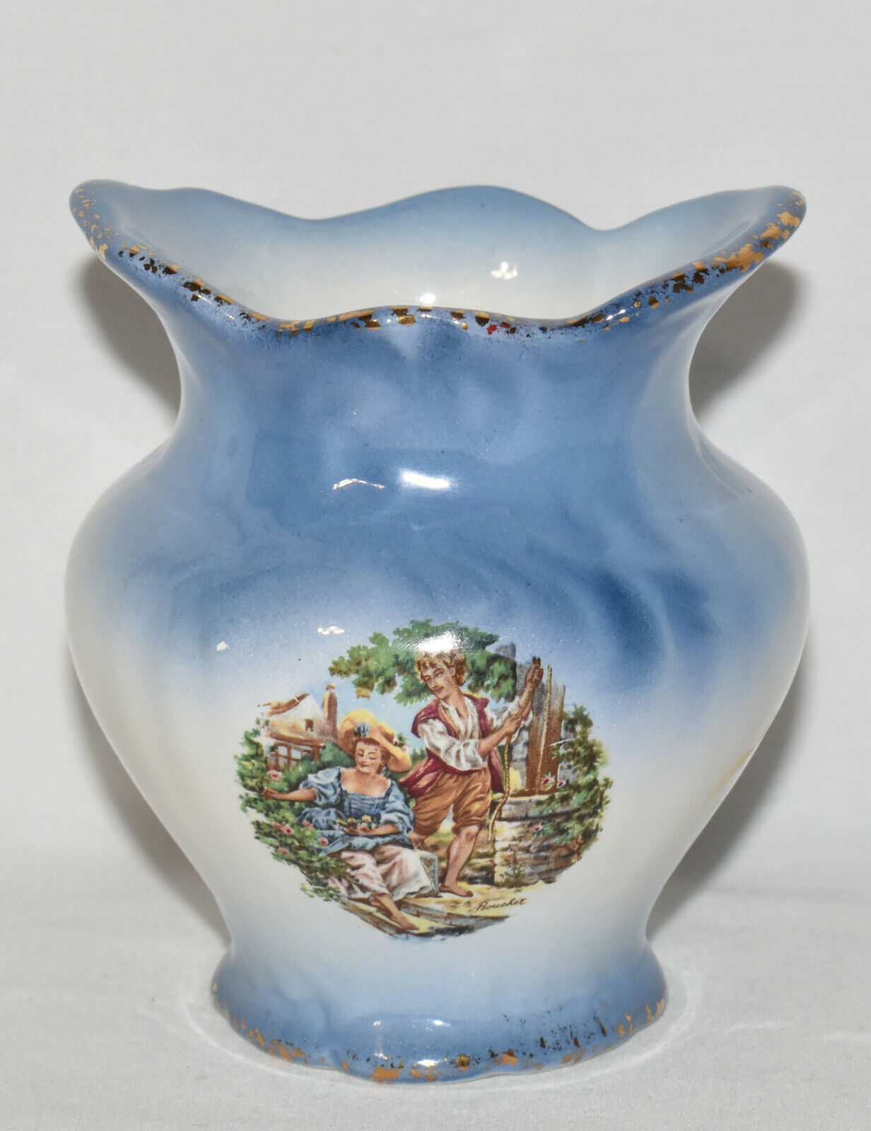 Vintage Porcelain Vase Blue White Mini Vase Cache Pot Planter with Garden Scene