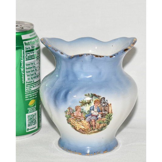 Vintage Porcelain Vase Blue White Mini Vase Cache Pot Planter with Garden Scene