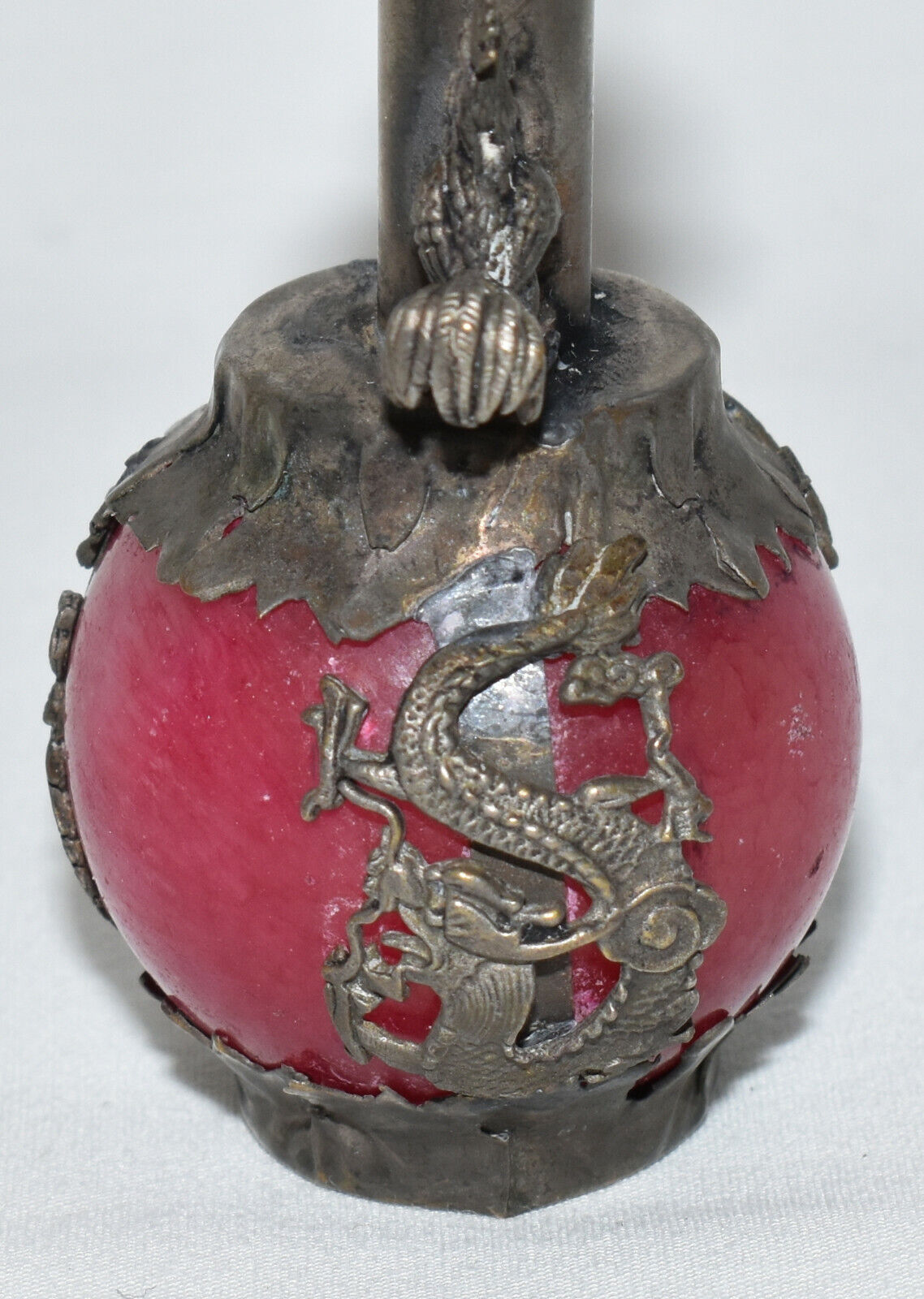 Antique Chinese Dragon Rooster Snuff Bottle Red Glass w Pewter Casing Signed