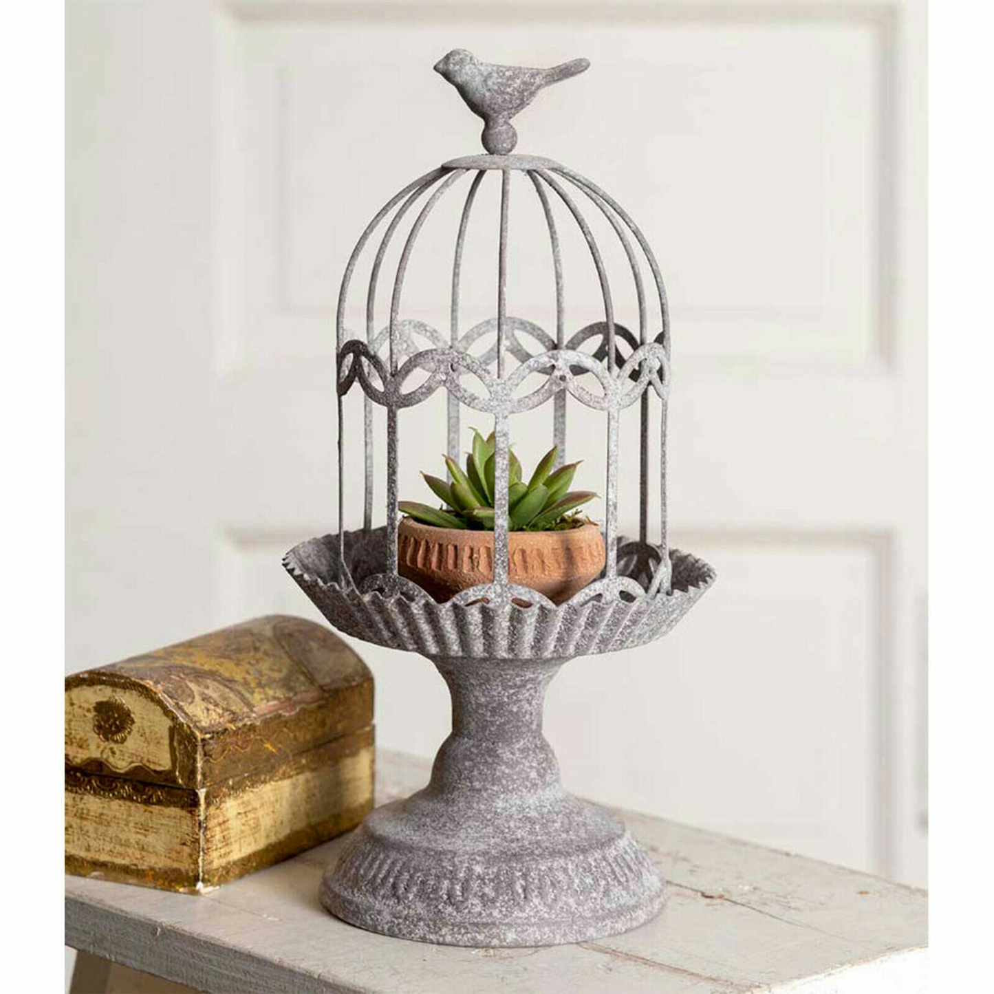 Birdcage Gazebo Cloche Pedestal Base Candle Holder Plant Stand Rustic Gray New