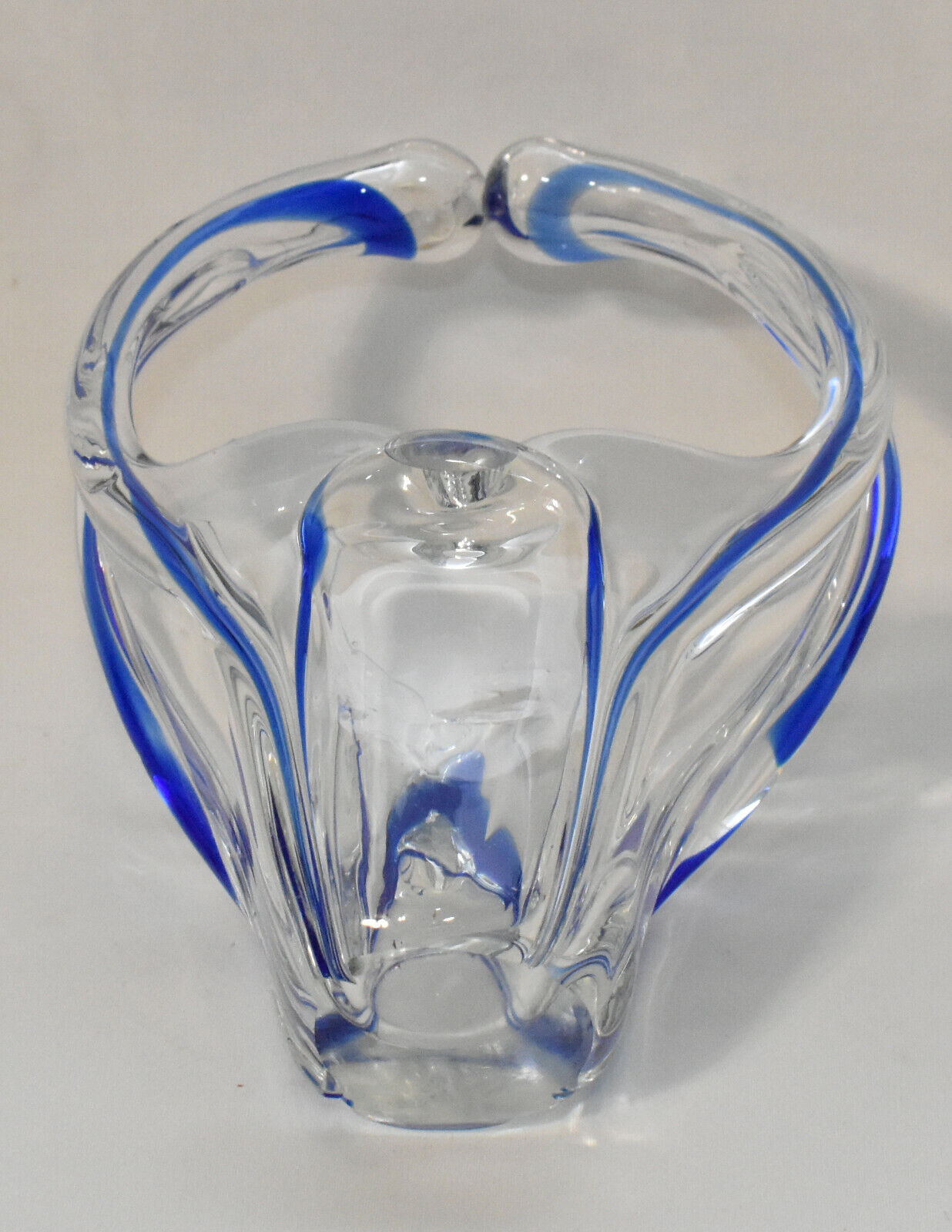 Vintage Murano Hand Blown Art Glass Basket Blue Clear Split Handle Basket Vase