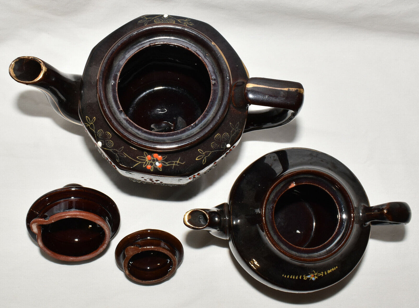 Vintage Japanese Redware Teapots 2 Brown Handpainted Moriage Teapots Japan Lot D