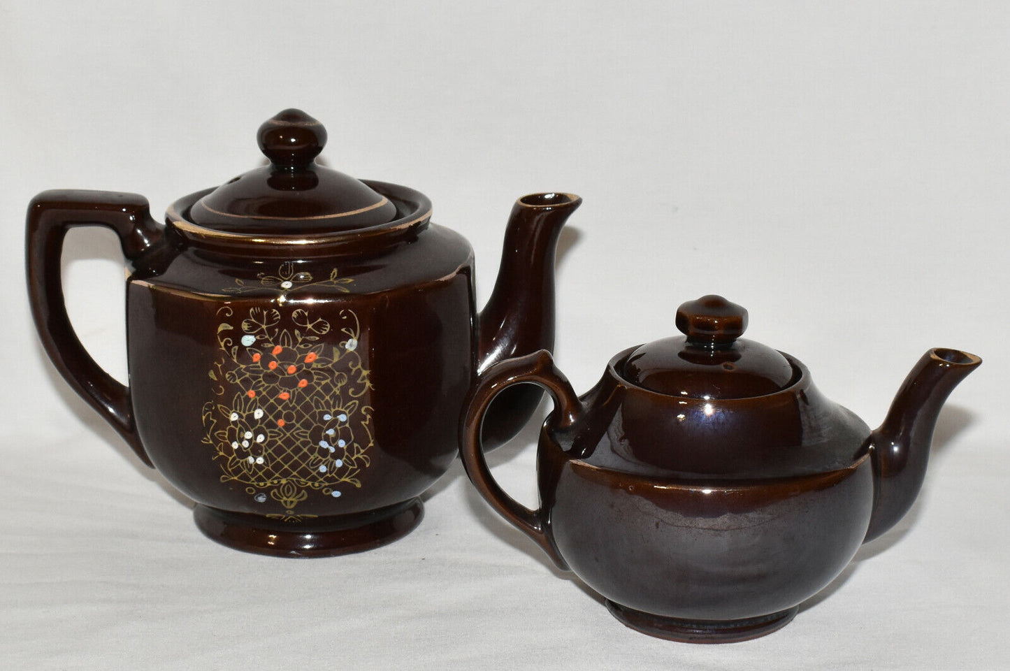 Vintage Japanese Teapots 2 Brown Redware Handpainted Moriage Teapots Japan Lot E
