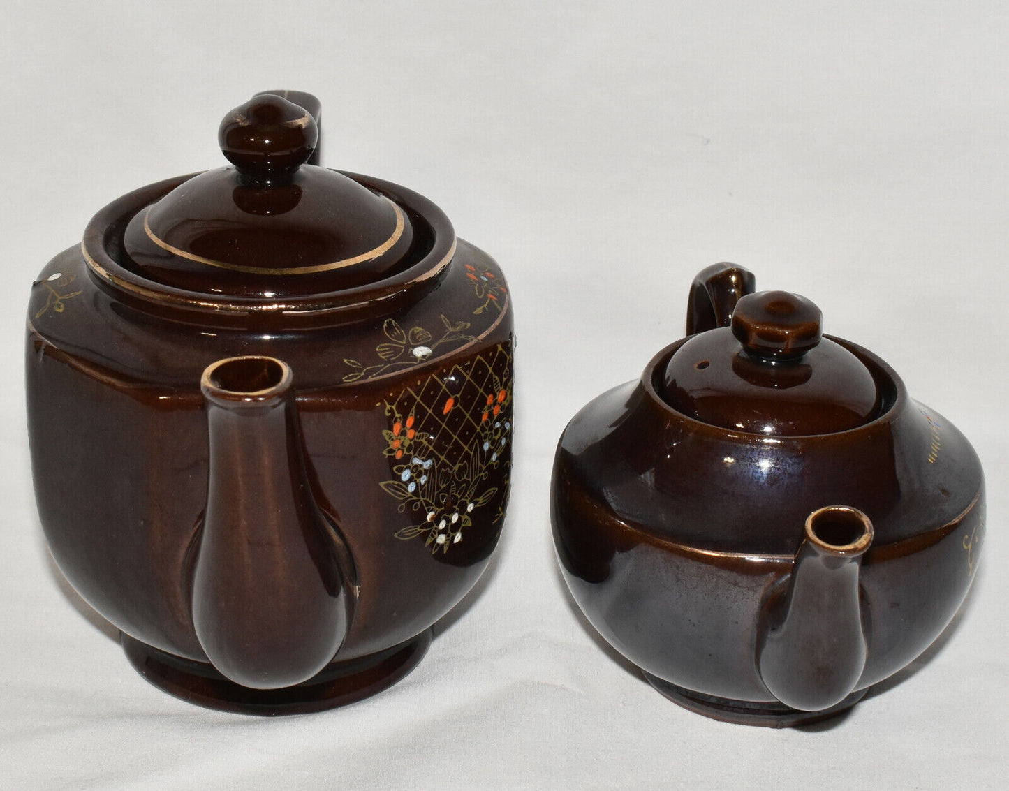 Vintage Japanese Teapots 2 Brown Redware Handpainted Moriage Teapots Japan Lot E