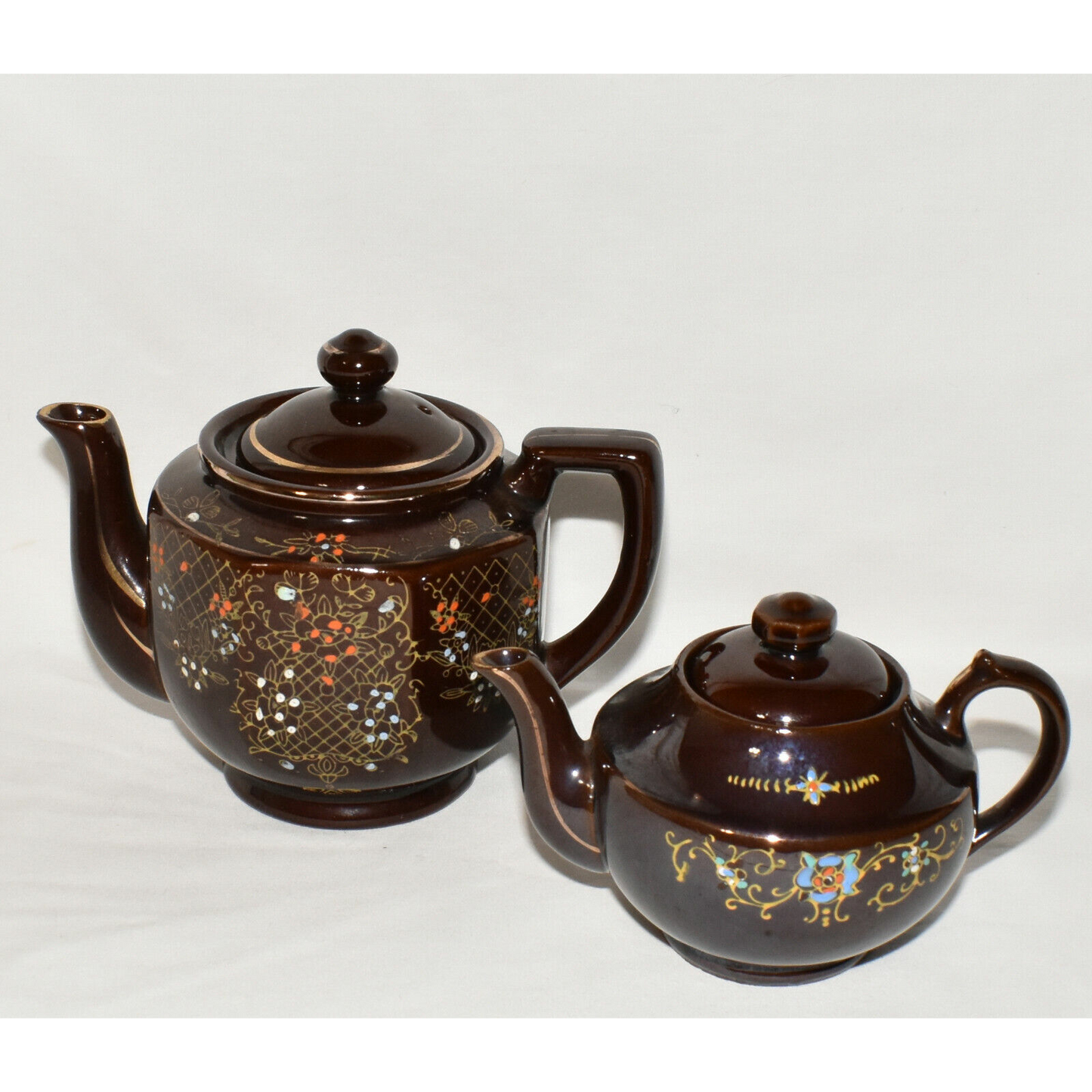 Vintage Japanese Teapots 2 Brown Redware Handpainted Moriage Teapots Japan Lot E