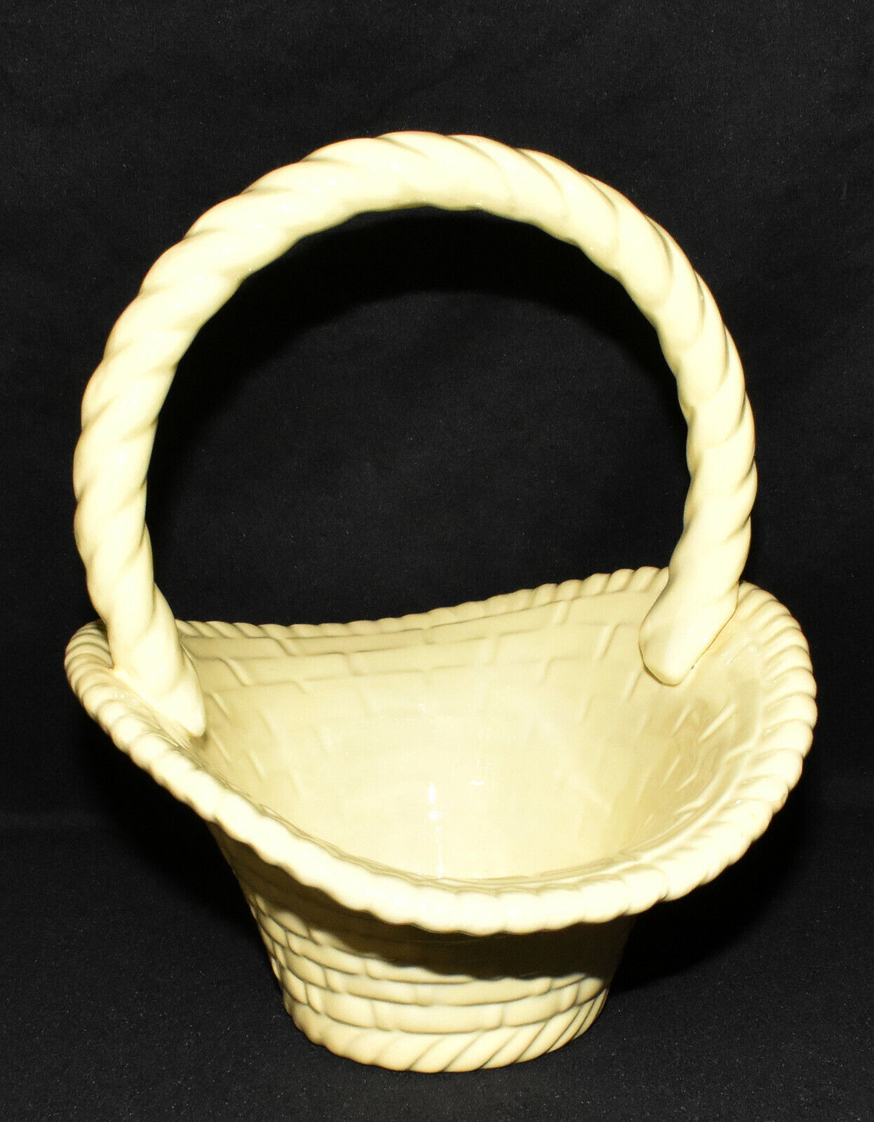 Vintage Ceramic Basketweave Basket w Handle 9 x 9 Yellow Pottery Basket Marked