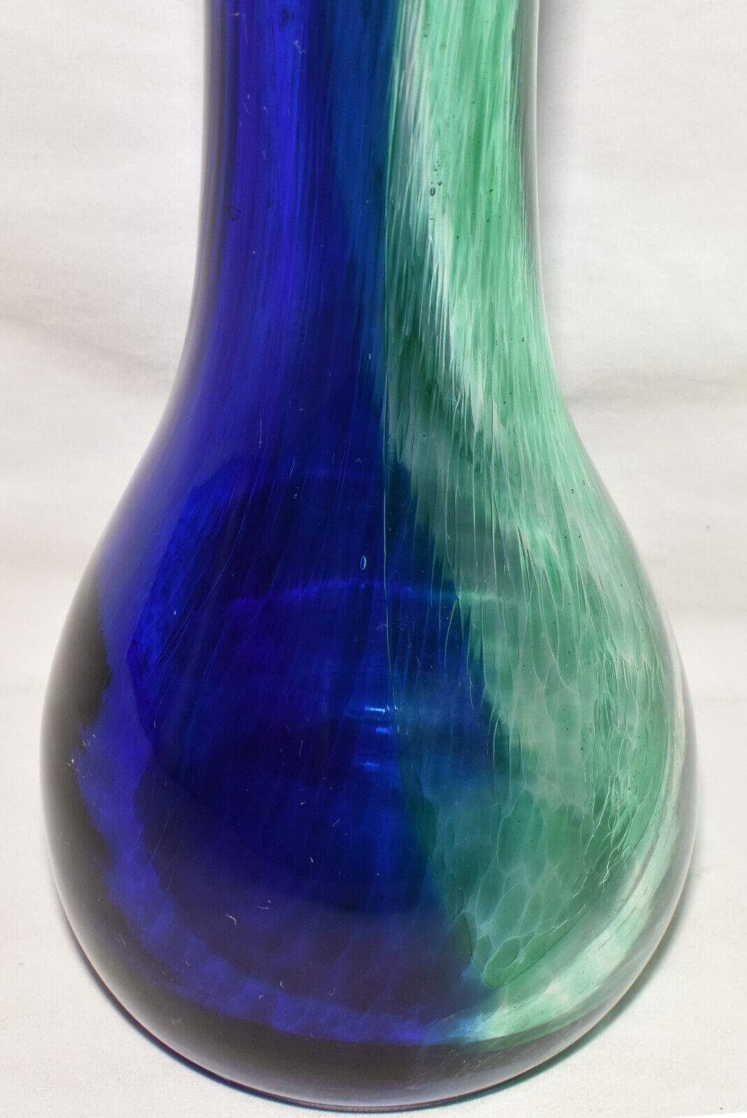 Vintage Hand Blown Art Glass Vase 10" Cobalt Blue & Green Flower Vase Swirl Pattern