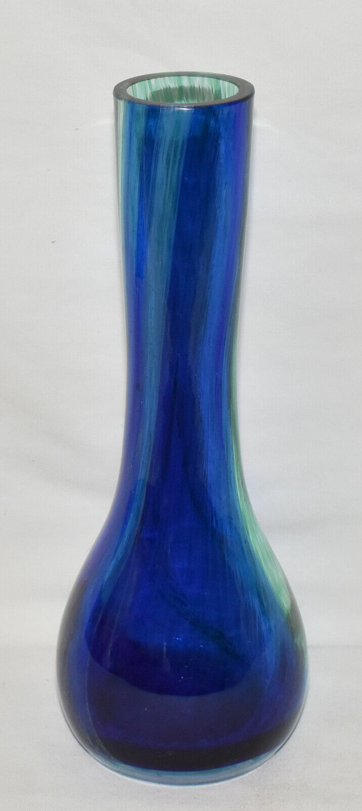 Vintage Hand Blown Art Glass Vase 10" Cobalt Blue & Green Flower Vase Swirl Pattern