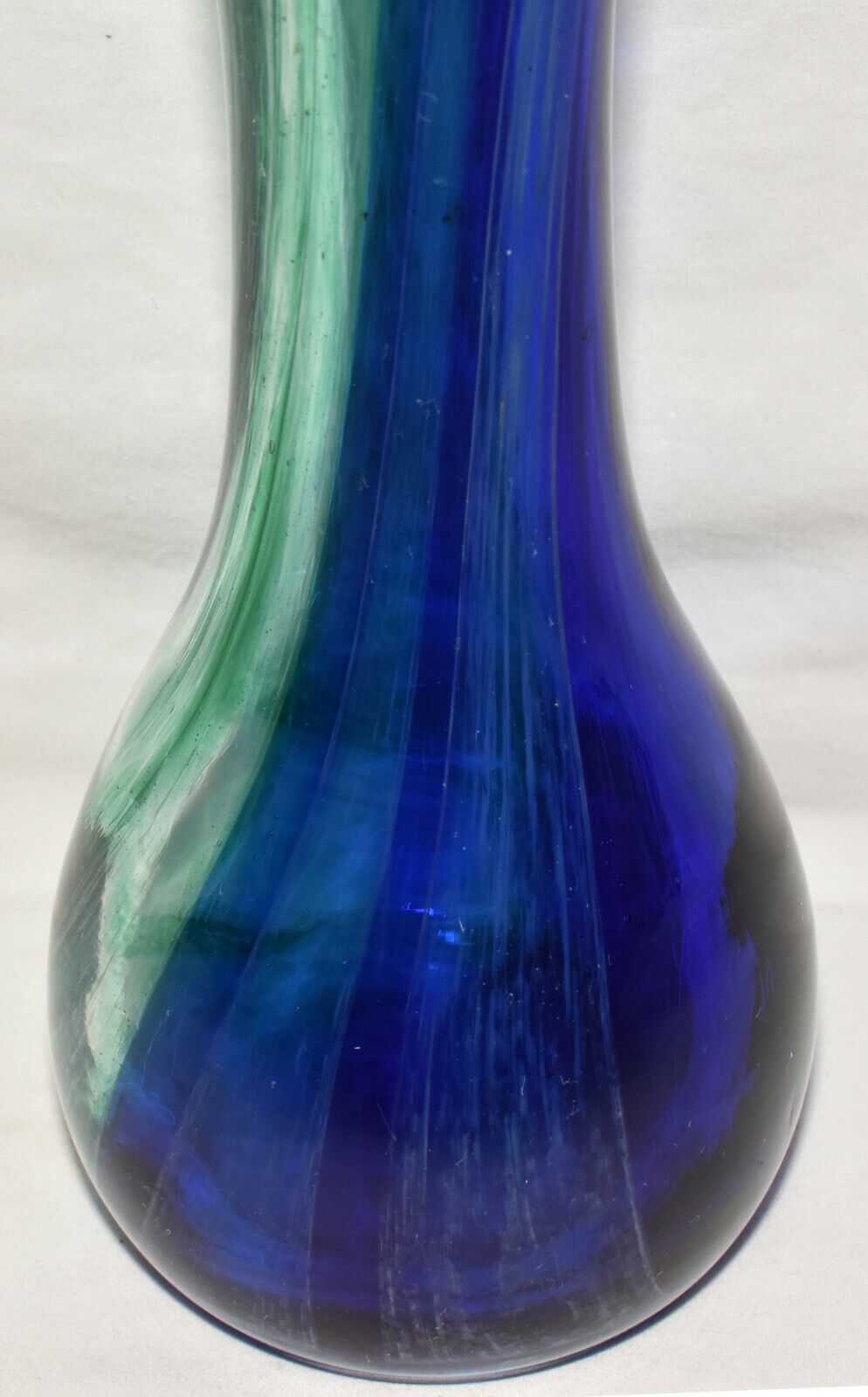 Vintage Hand Blown Art Glass Vase 10" Cobalt Blue & Green Flower Vase Swirl Pattern