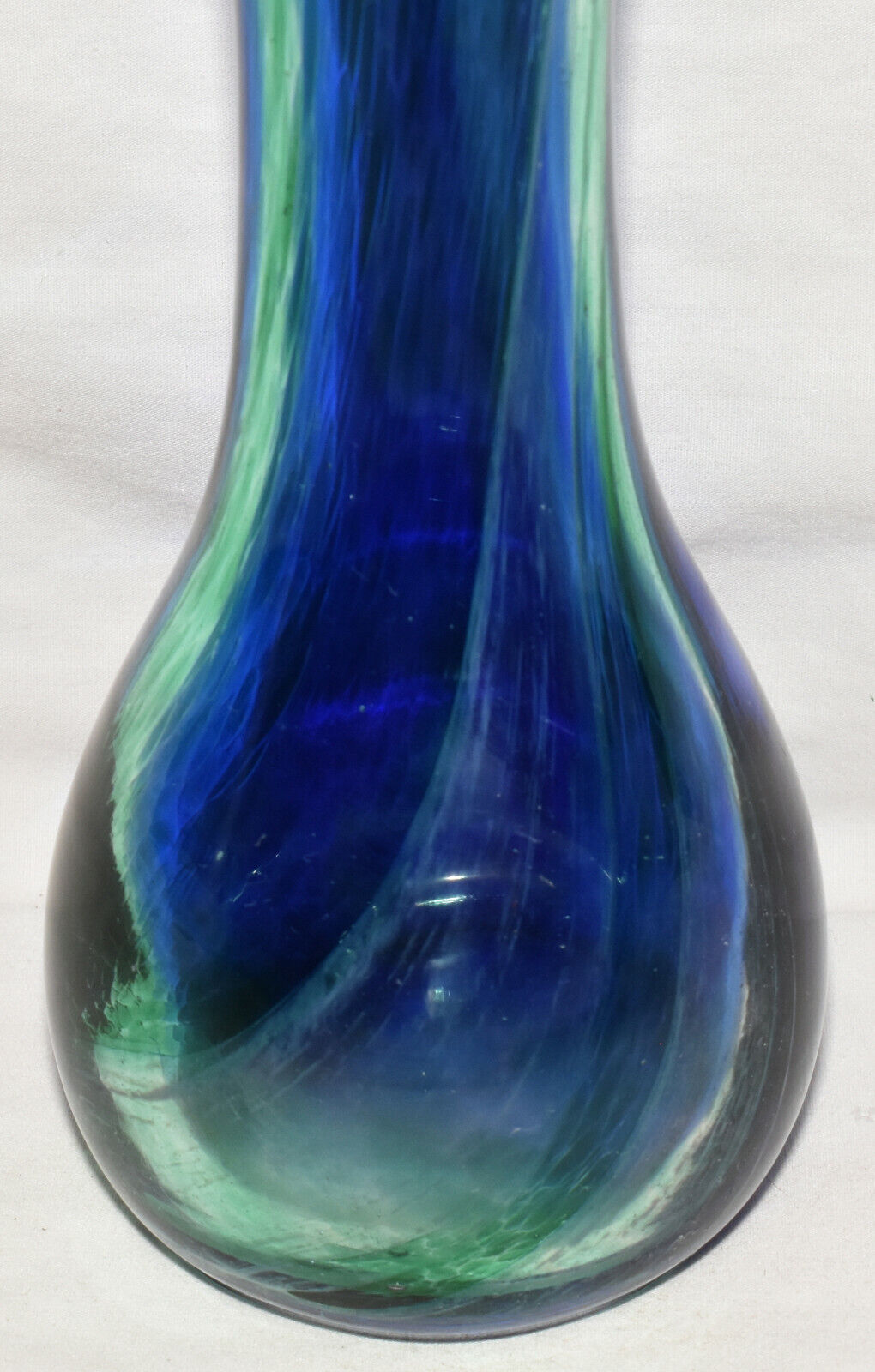 Vintage Hand Blown Art Glass Vase 10" Cobalt Blue & Green Flower Vase Swirl Pattern