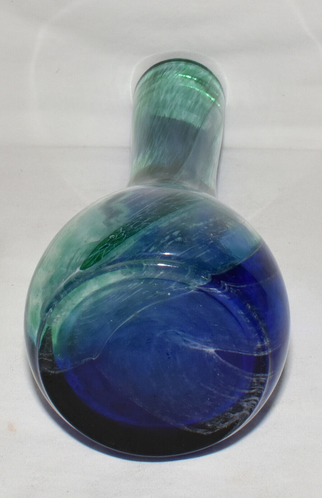 Vintage Hand Blown Art Glass Vase 10" Cobalt Blue & Green Flower Vase Swirl Pattern