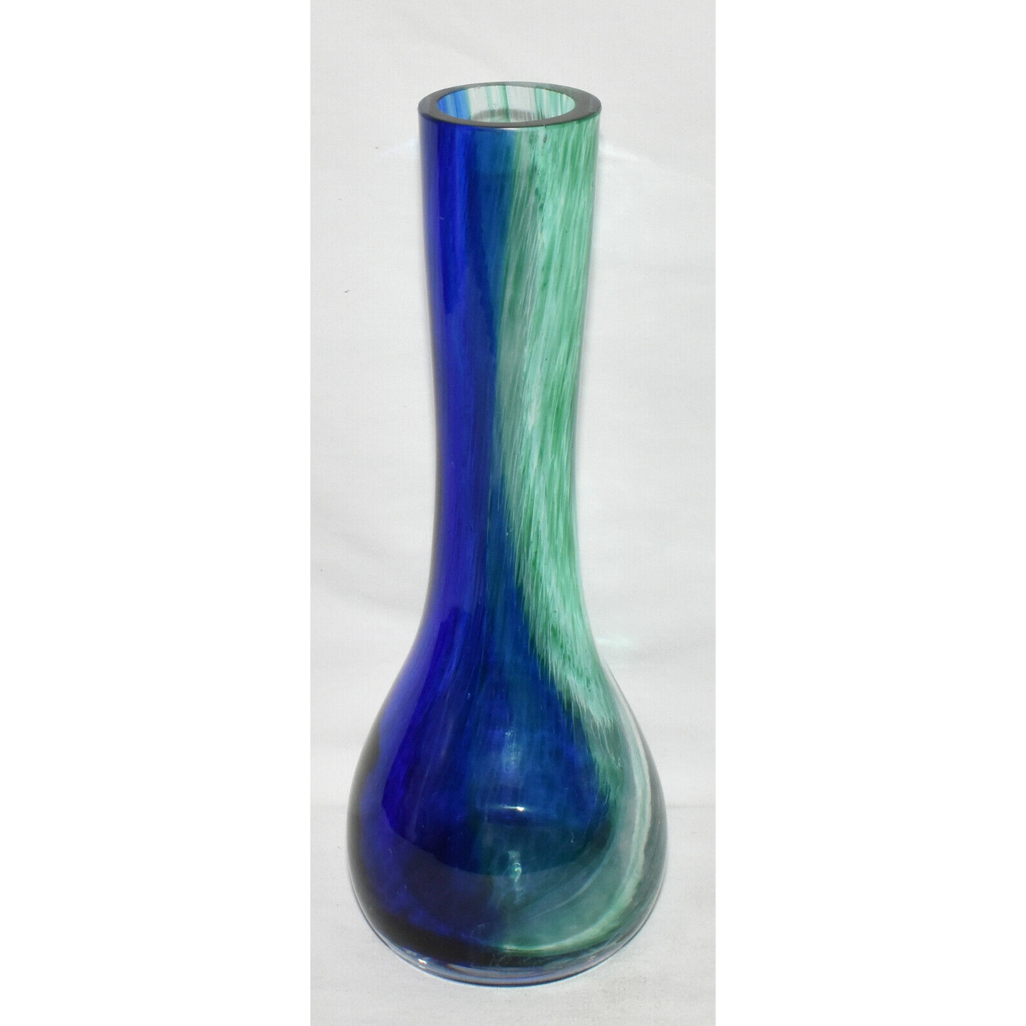 Vintage Hand Blown Art Glass Vase 10" Cobalt Blue & Green Flower Vase Swirl Pattern