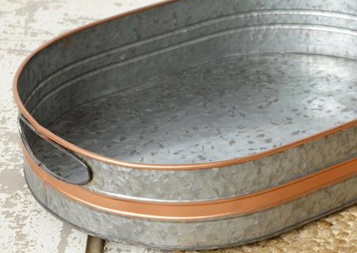 Extra Large 15" Tray Bin Caddy Basket Galvanized Metal w Copper Accent Handles