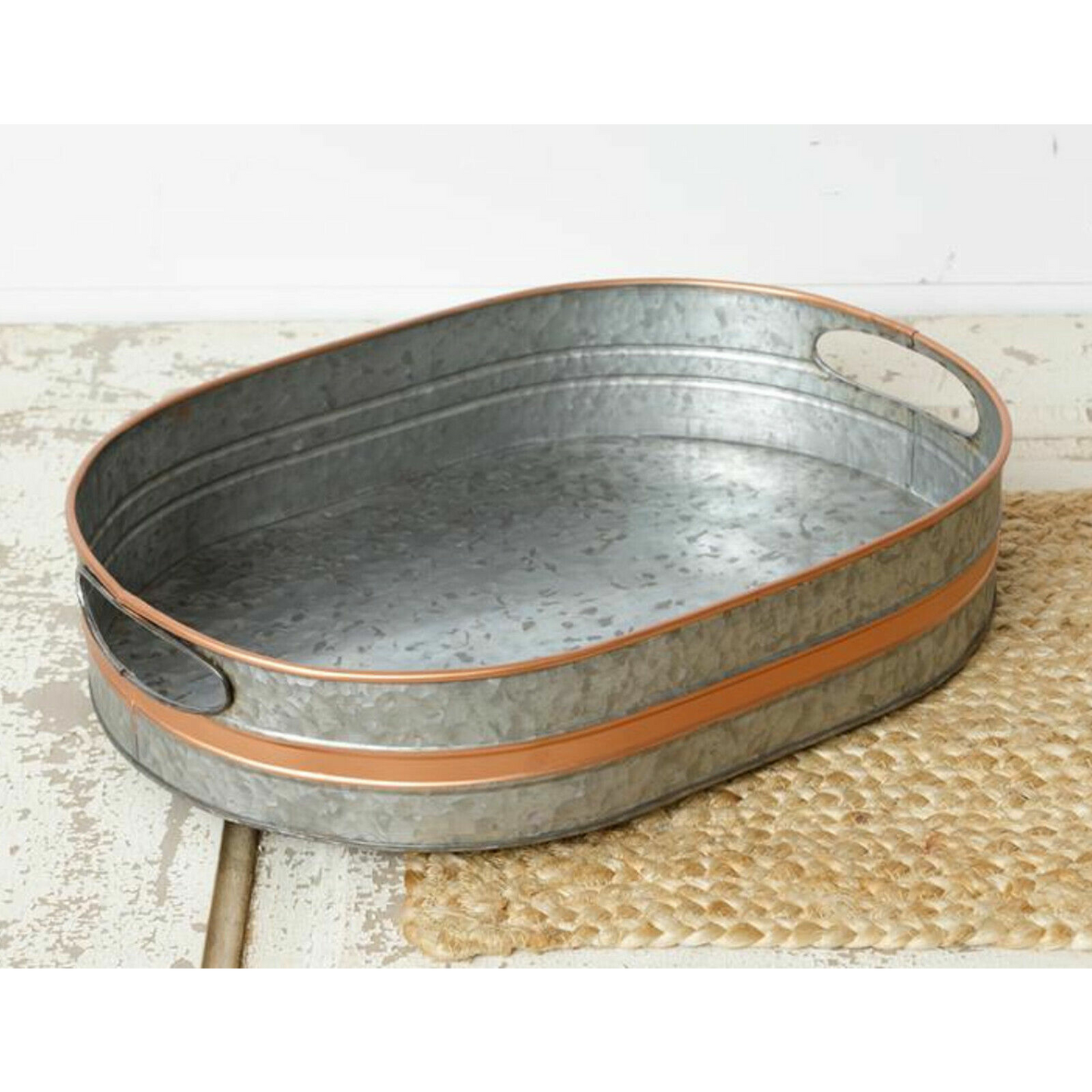 Extra Large 15" Tray Bin Caddy Basket Galvanized Metal w Copper Accent Handles