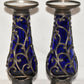 Pr Vintage Cased Glass Candlesticks w Metal 10" Cobalt Blue Pillar Candle Holders